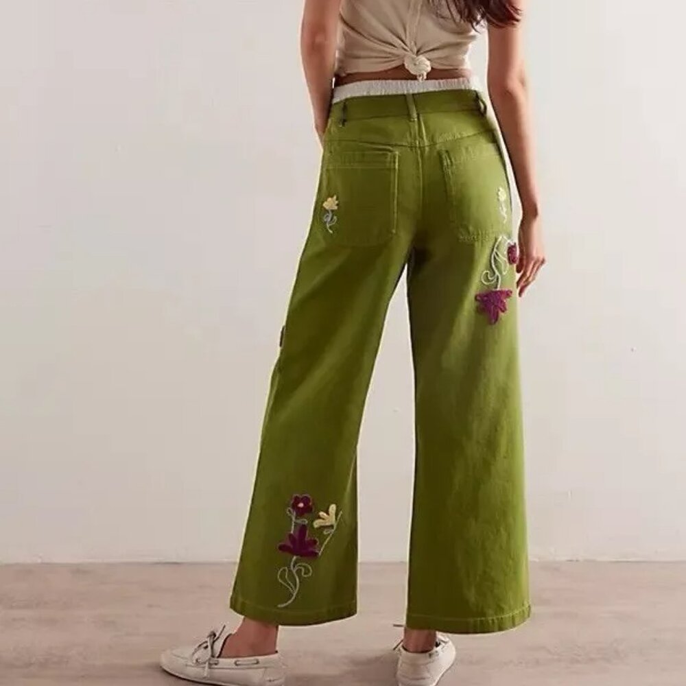 Free People Olive Green Wide-Leg Embroidered Jeans - Picture 2 of 4